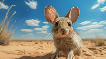 foto do uma deserto jerboa dentro uma deserto com azul céu. generativo ai