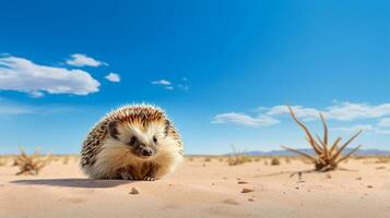 foto do uma deserto ouriço dentro uma deserto com azul céu. generativo ai