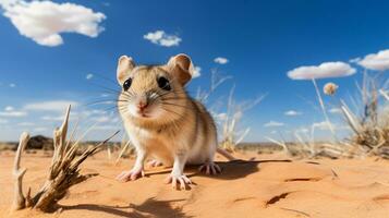 foto do uma deserto canguru rato dentro uma deserto com azul céu. generativo ai