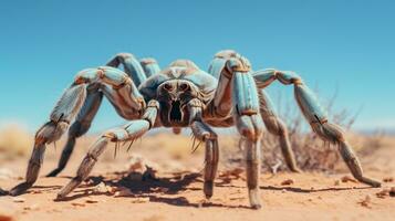 foto do uma deserto tarântula dentro uma deserto com azul céu. generativo ai