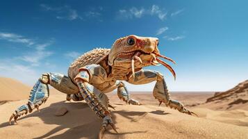 foto do uma deserto escorpião dentro uma deserto com azul céu. generativo ai