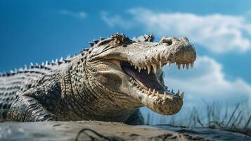 foto do uma crocodilo debaixo azul céu. generativo ai