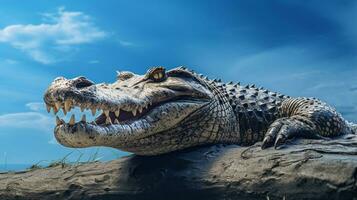 foto do uma crocodilo debaixo azul céu. generativo ai