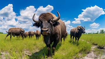 foto do uma búfalo dentro a fazenda. generativo ai