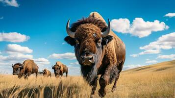 foto do uma búfalo dentro a fazenda. generativo ai