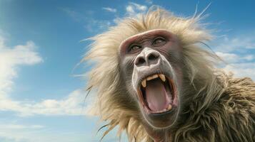foto do uma babuíno debaixo azul céu. generativo ai