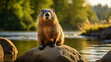 fechar-se foto do uma marmota olhando dentro seus habitat. generativo ai