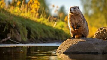 fechar-se foto do uma marmota olhando dentro seus habitat. generativo ai