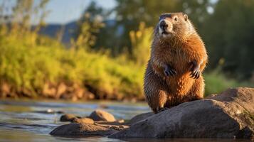 fechar-se foto do uma marmota olhando dentro seus habitat. generativo ai