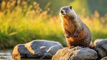 fechar-se foto do uma marmota olhando dentro seus habitat. generativo ai