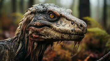 fechar-se foto do uma velociraptor olhando dentro seus habitat. generativo ai