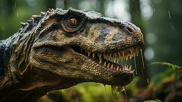 fechar-se foto do uma tiranossauro rex olhando dentro seus habitat. generativo ai