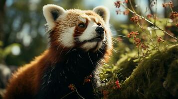 fechar-se foto do uma vermelho panda olhando qualquer direção em selva. generativo ai