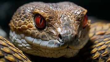 fechar-se foto do uma chocalho serpente olhando dentro seus habitat. generativo ai