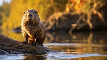 fechar-se foto do uma nutria olhando dentro seus habitat. generativo ai