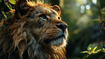 fechar-se foto do uma leão olhando qualquer direção em selva. generativo ai