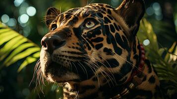 fechar-se foto do uma jaguar olhando qualquer direção em selva. generativo ai