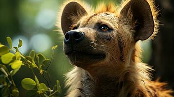 fechar-se foto do uma hiena olhando qualquer direção em selva. generativo ai