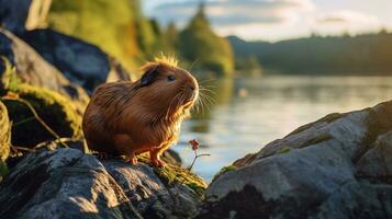 fechar-se foto do uma Guiné porco olhando dentro seus habitat. generativo ai