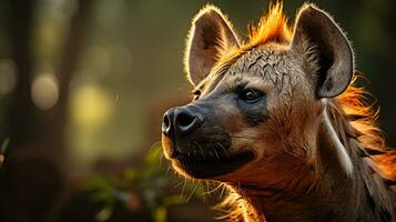 fechar-se foto do uma hiena olhando qualquer direção em selva. generativo ai