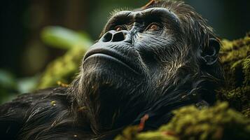 fechar-se foto do uma gorila olhando qualquer direção em selva. generativo ai