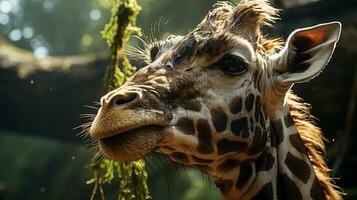 fechar-se foto do uma girafa olhando qualquer direção em selva. generativo ai