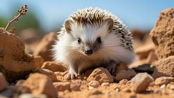 fechar-se foto do uma deserto ouriço olhando qualquer direção dentro a deserto. generativo ai