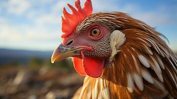 fechar-se foto do uma frango olhando qualquer direção. generativo ai