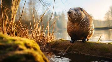 fechar-se foto do uma Castor olhando dentro seus habitat. generativo ai