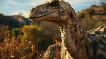 fechar-se foto do uma braquiossauro olhando dentro seus habitat. generativo ai