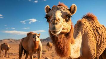 fechar-se foto do uma camelo olhando qualquer direção dentro a deserto. generativo ai