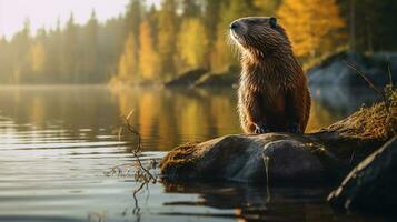 fechar-se foto do uma Castor olhando dentro seus habitat. generativo ai