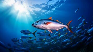 foto do albacora atum com vários peixe entre saudável coral recifes dentro a azul oceano. generativo ai