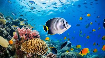 foto do peixe anjo com vários peixe entre saudável coral recifes dentro a azul oceano. generativo ai