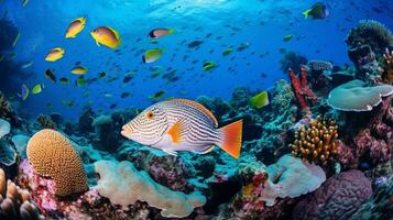 foto do linguado com vários peixe entre saudável coral recifes dentro a azul oceano. generativo ai