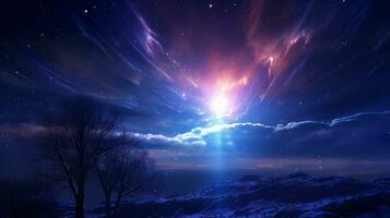 majestoso árvore debaixo uma estrelado noite céu com sonhadores nuvens. generativo ai foto