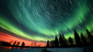 vibrante verde e vermelho aurora dançando dentro a noite céu. generativo ai foto