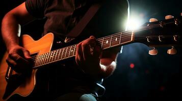 guitarrista dramático acorde dedilhando. generativo ai foto