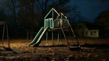 Parque infantil com uma deslizar e uma casa dentro a fundo. generativo ai foto