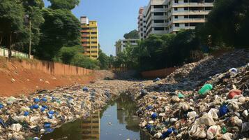 poluído rio cercado de urbano arranha-céus. generativo ai foto