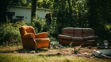 lixo dentro suburbano área com ao ar livre mobiliário. generativo ai foto