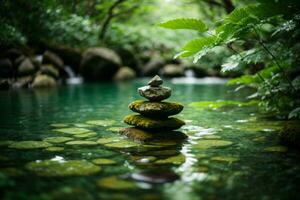 zen pedras pirâmide em água superfície, vegetação. ai gerado foto