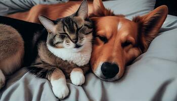 generativo ai, peludo melhor amigos uma gato e cachorro abraçar acima em uma acolhedor cama foto