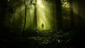 generativo ai, uma transparente figura no meio a cheio de anoitecer floresta foto