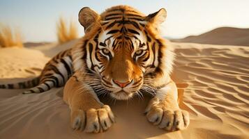 deserto miragem camuflado tigre dentro arenoso paisagem, ai generativo foto