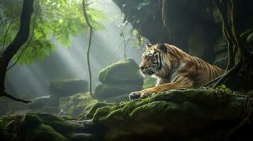 em repouso tigre dentro envolto antigo floresta, ai generativo foto