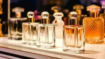 luxo fragrância garrafas às perfume odor às apresentação evento, sob medida perfumaria e beleza produtos oferta, generativo ai foto