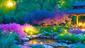 encantador crepúsculo serenidade, uma deslumbrante visual tributo para a tranquilo beleza do uma jardim banhado dentro noite suave brilho. ai gerado foto