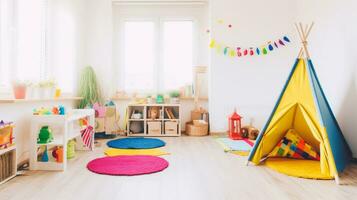 aventureiro refúgio brincalhão e colorida criança sala, generativo ai foto