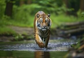 Amur tigre caminhando dentro a água. perigoso animal. animal dentro uma verde floresta fluxo. generativo ai foto